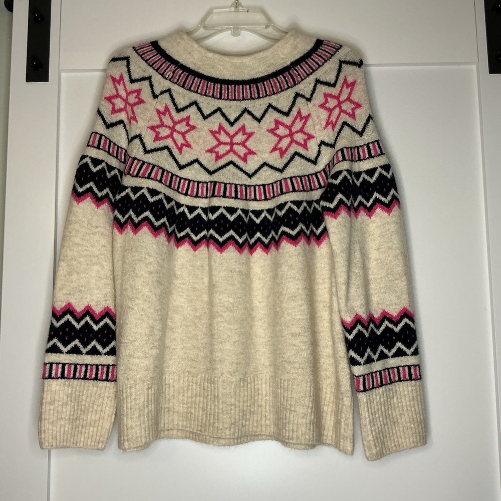 CeCe Fair Isle Mock Neck White Pullover Sweater Boho Festival Size M CozyCore